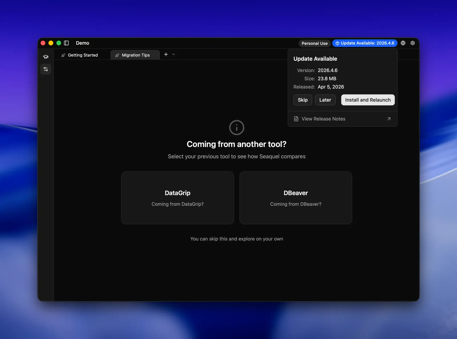 Seaquel update popover announcing version 2026.4.6 (23.8 MB, released Apr 5, 2026) with Skip, Later, and Install and Relaunch buttons.