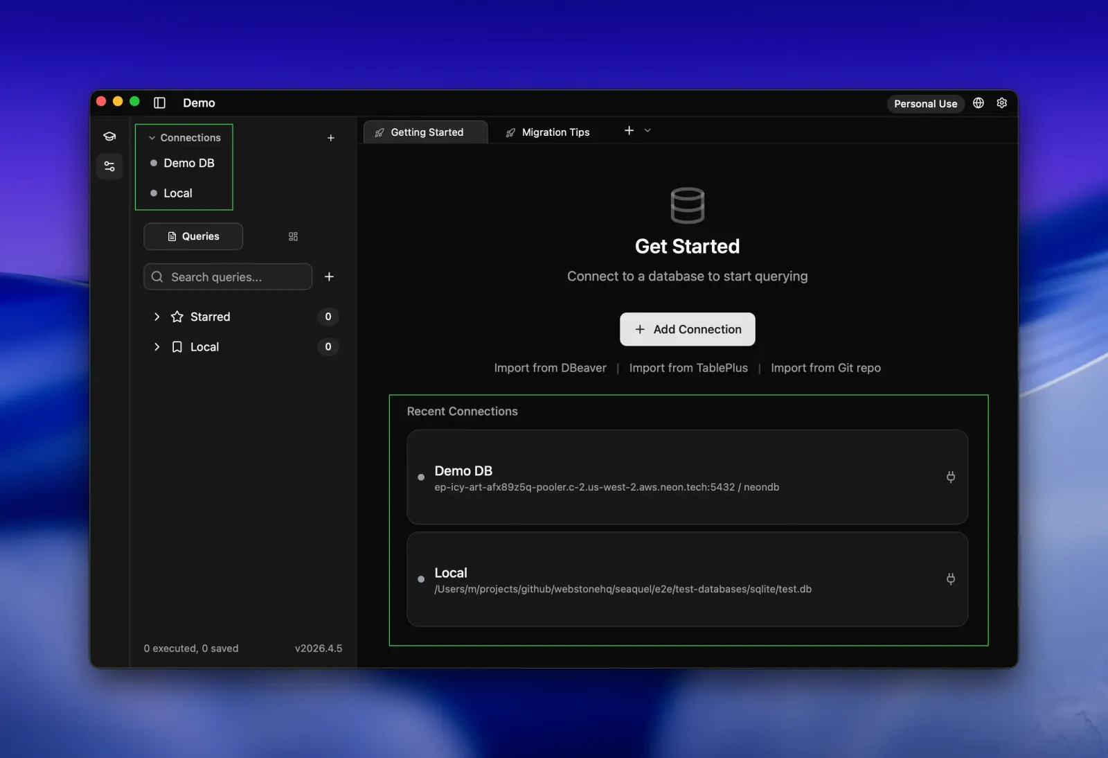 Seaquel Get Started screen listing saved connections in the sidebar and a Recent Connections panel with a Neon Postgres database and a local SQLite file.