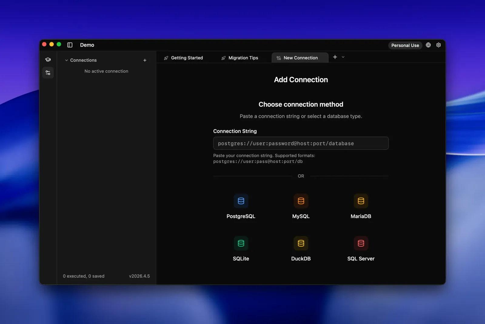 Seaquel Add Connection screen with a field for pasting a postgres:// connection string above buttons for PostgreSQL, MySQL, MariaDB, SQLite, DuckDB and SQL Server.