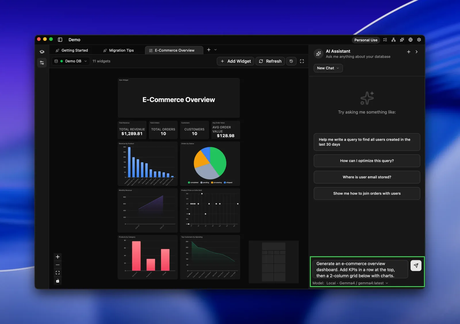 Seaquel AI Assistant panel with a prompt to generate an e-commerce overview dashboard beside the resulting grid of KPI tiles, bar, pie, area and scatter charts.