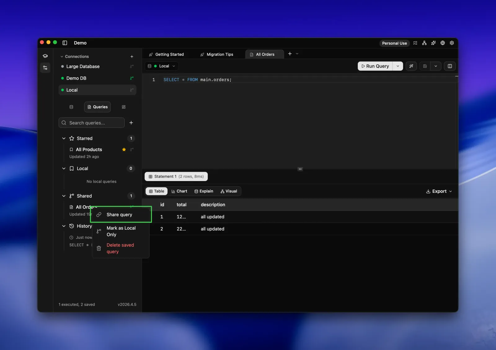 Seaquel saved-queries sidebar with a context menu open on the shared All Orders query, highlighting the Share query option beside its results.
