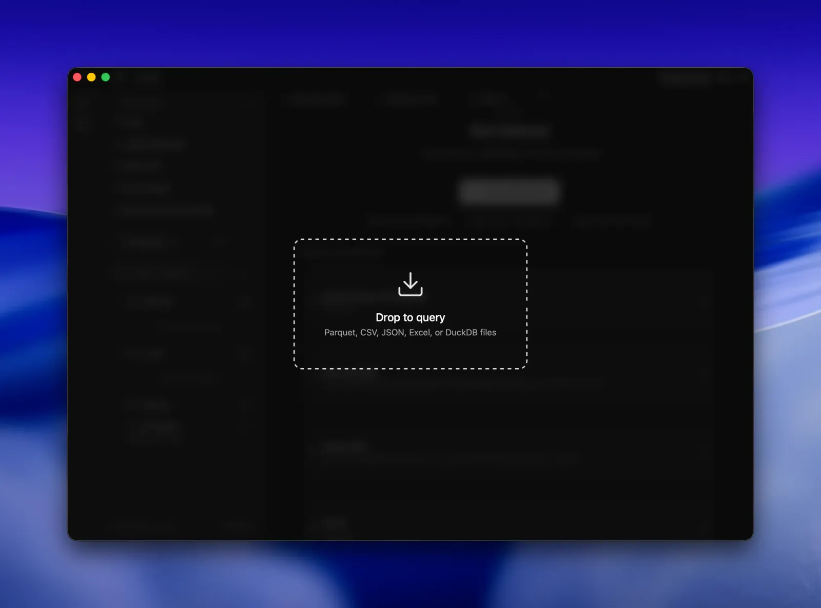 Seaquel window dimmed behind a dashed Drop to query overlay that accepts Parquet, CSV, JSON, Excel or DuckDB files.