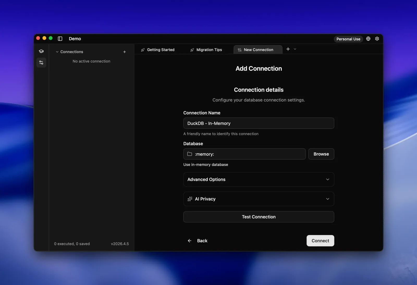 Seaquel Add Connection form for DuckDB with the connection name DuckDB - In-Memory, a :memory: database path, a Browse button and a Test Connection button.