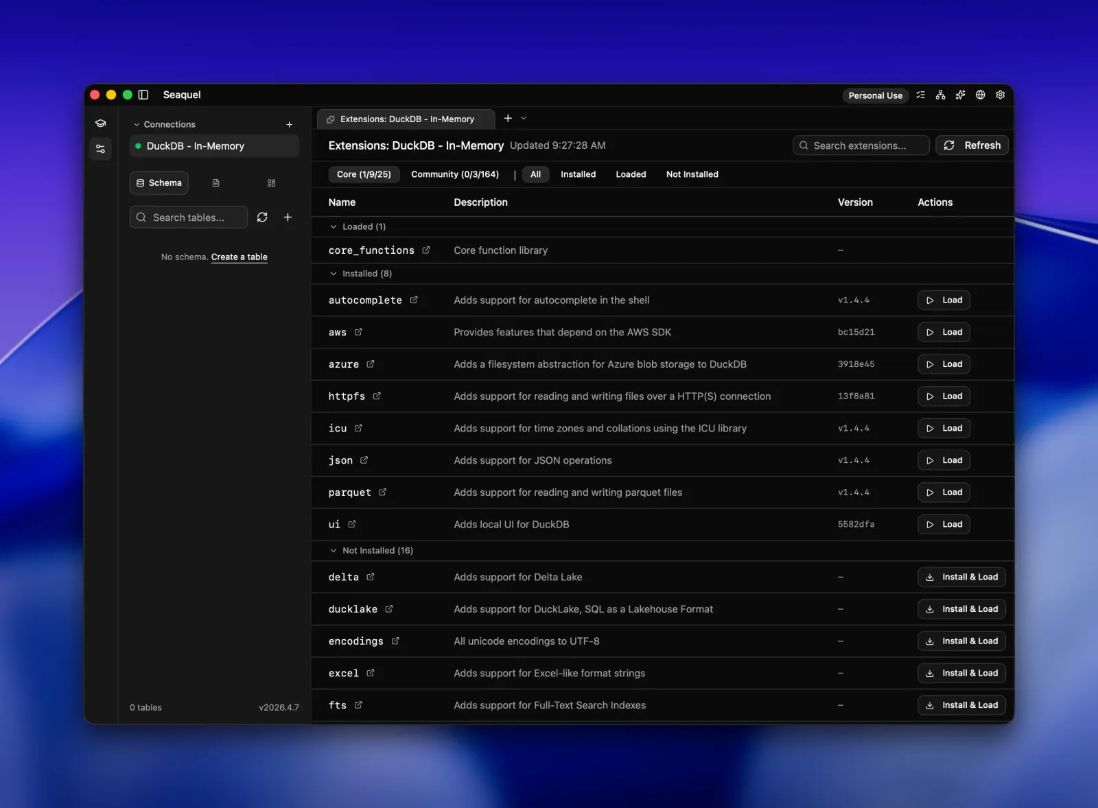 Seaquel DuckDB extensions manager listing loaded, installed and not-installed extensions such as httpfs, parquet and delta, with Load and Install & Load buttons.