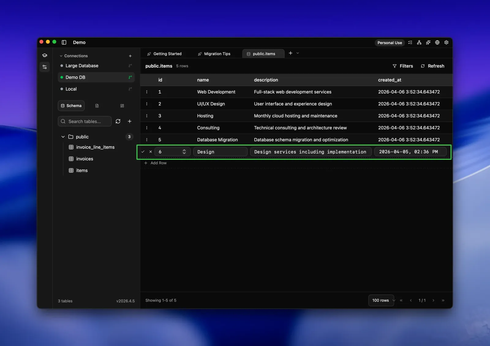 Seaquel data grid for public.items with a new row being typed inline below the existing rows, with confirm and cancel buttons.