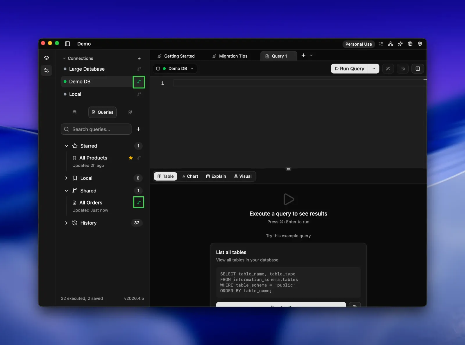 Seaquel sidebar with Git sharing icons next to the Demo DB connection and a shared All Orders query under a Shared section, both highlighted.