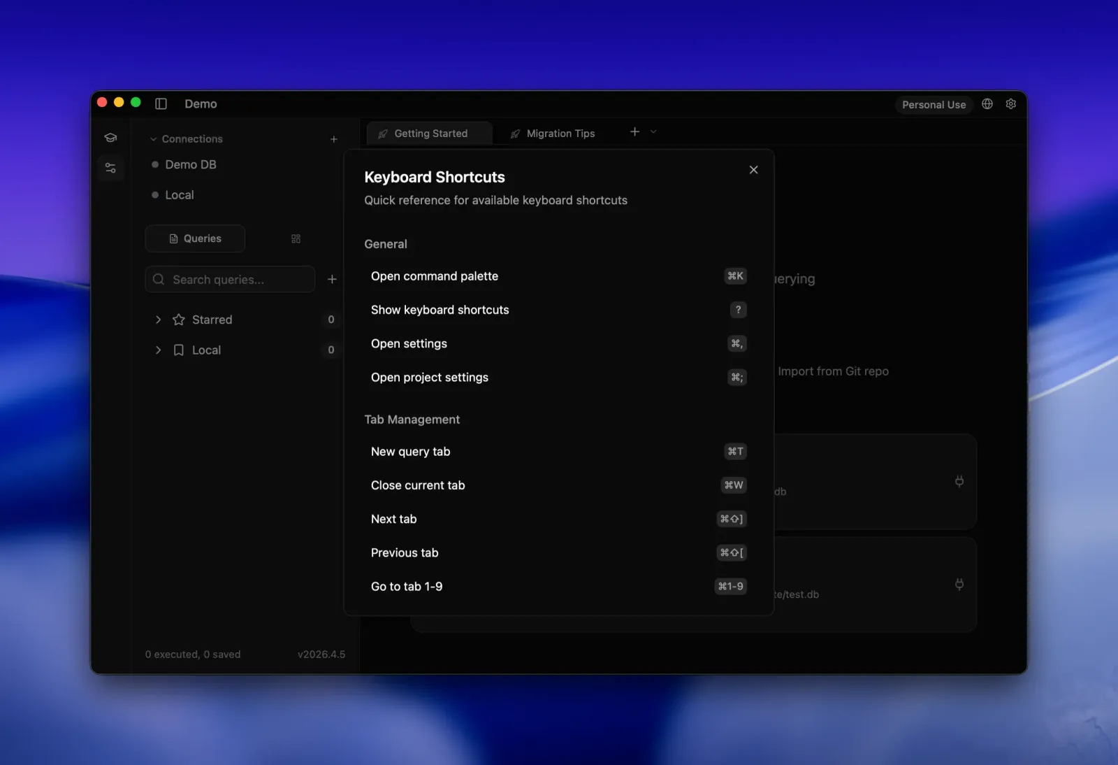 Seaquel Keyboard Shortcuts dialog listing general and tab management shortcuts such as ⌘K for the command palette, ⌘T for a new tab, and ⌘W to close.