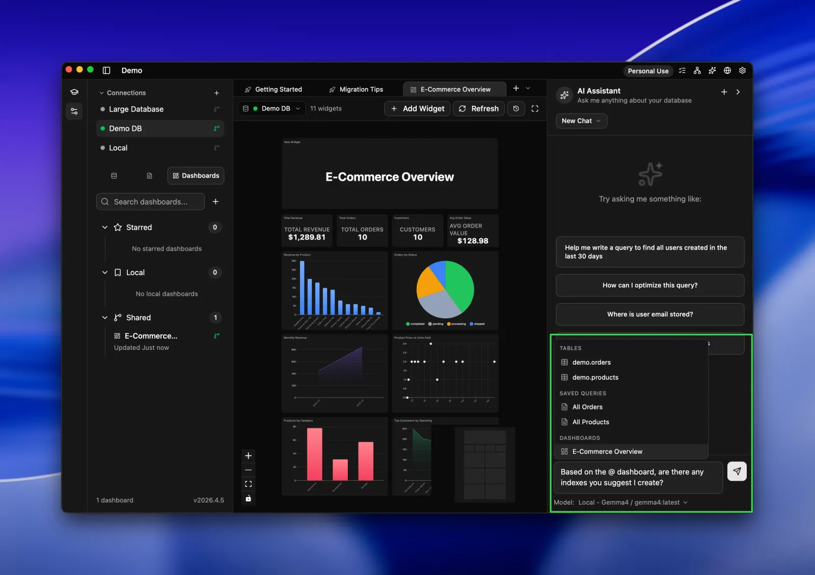 Seaquel AI Assistant chat showing an @-mention menu listing tables, saved queries and dashboards while asking for index suggestions on the E-Commerce Overview dashboard.