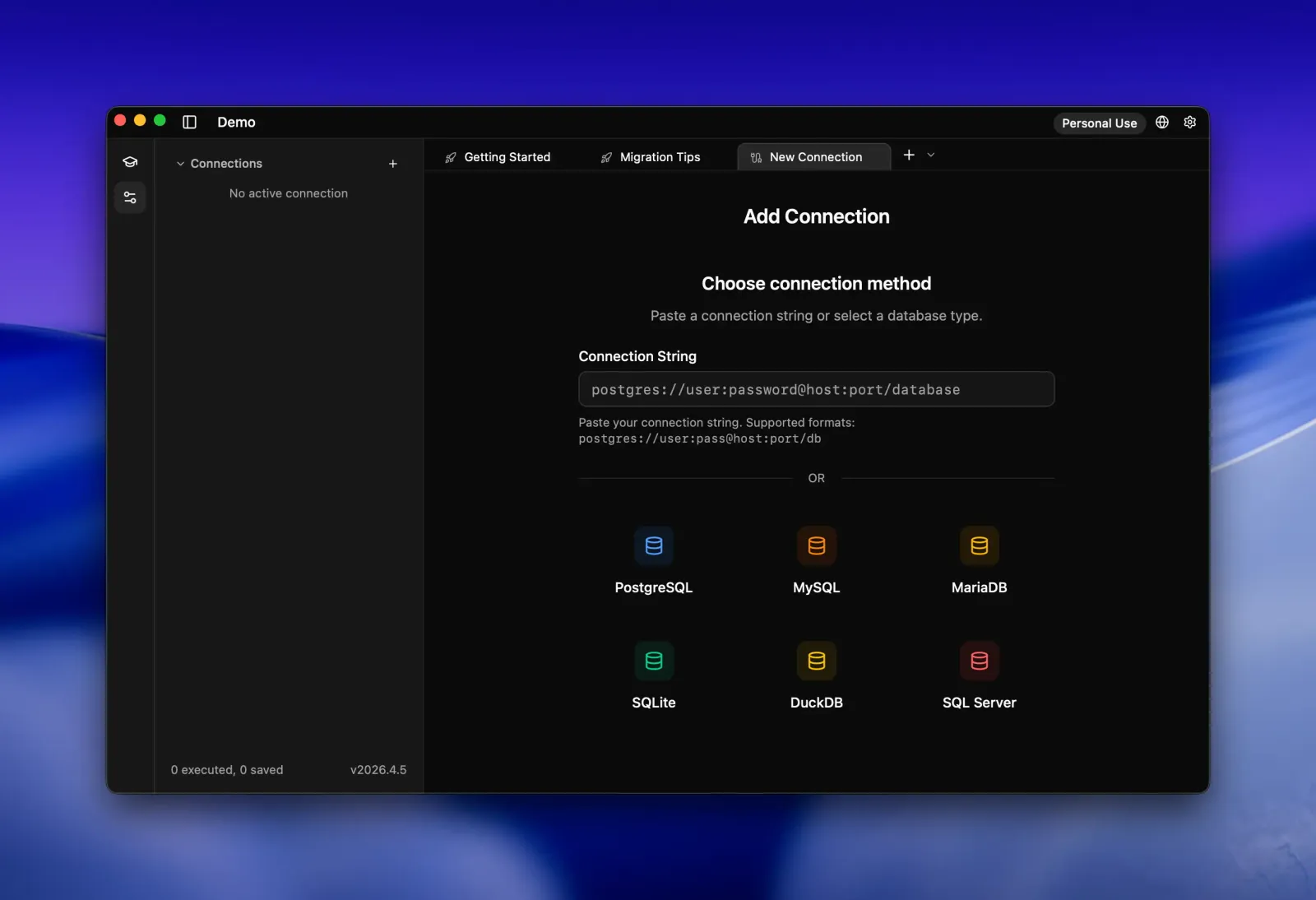 Seaquel New Connection tab offering database type choices for PostgreSQL, MySQL, MariaDB, SQLite, DuckDB and SQL Server below a connection string input.