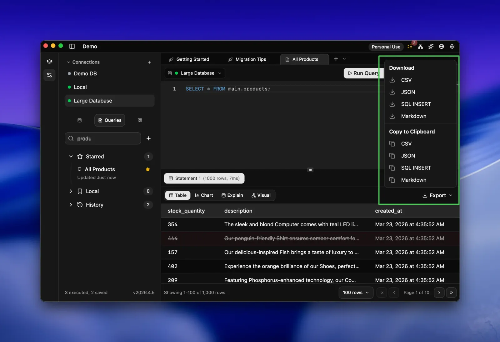 Seaquel Export menu open over a query result, offering download or copy to clipboard as CSV, JSON, SQL INSERT or Markdown.