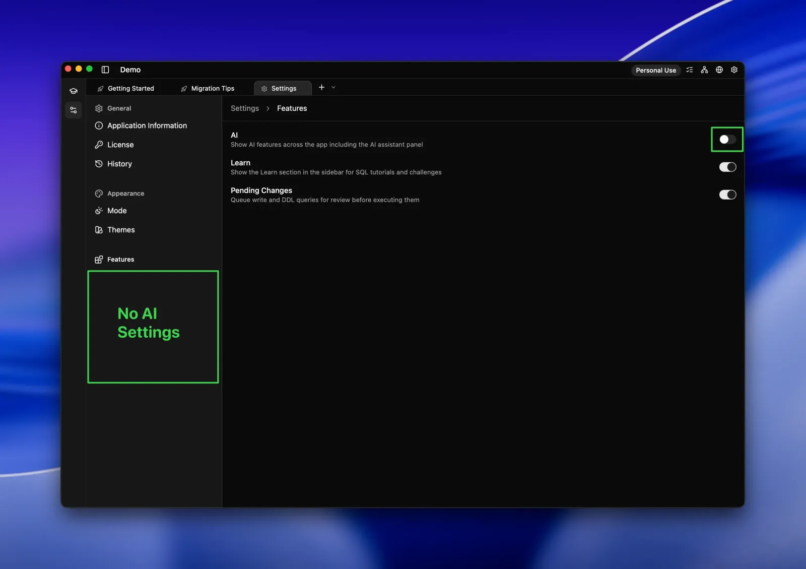 Seaquel Settings Features page with the AI toggle switched off, leaving no AI settings section in the sidebar, while Learn and Pending Changes stay enabled.