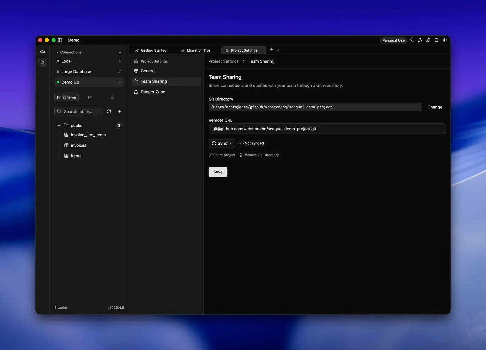 Seaquel Project Settings on the Team Sharing page, with a Git directory path, GitHub remote URL, a Sync button, and a Not synced status.