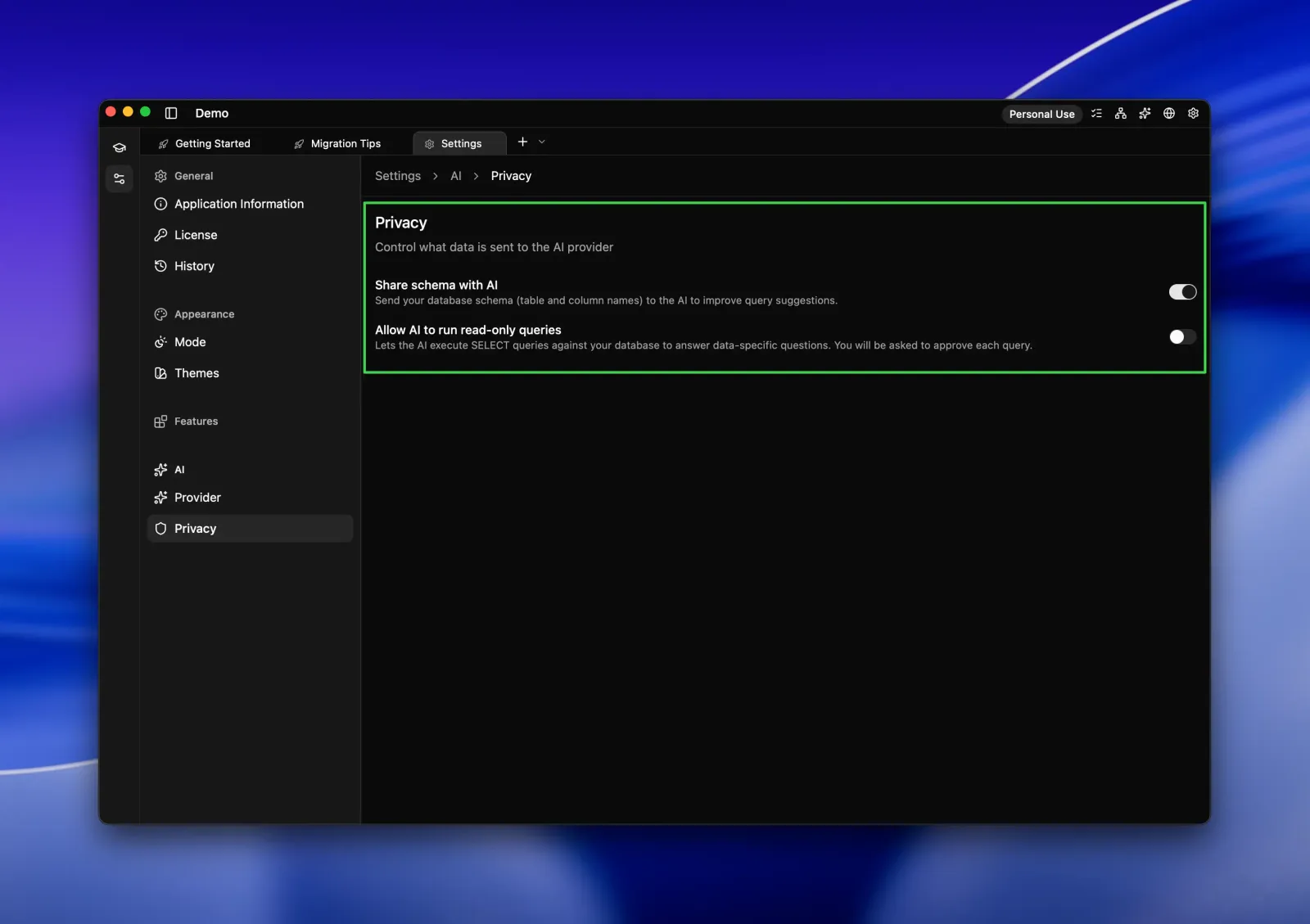 Seaquel AI Privacy settings with toggles for sharing the database schema with the AI and for letting the AI run read-only SELECT queries with approval.