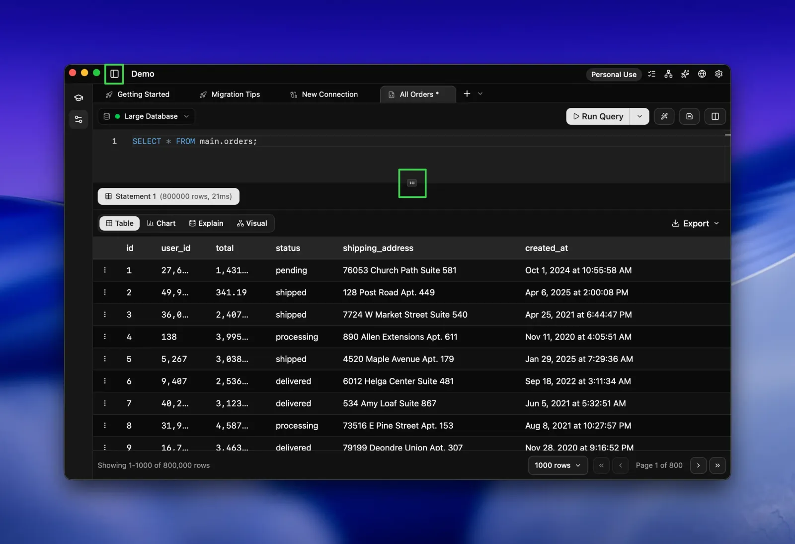 Seaquel query editor and results grid for main.orders with the sidebar toggle and the draggable divider between editor and results panels highlighted.