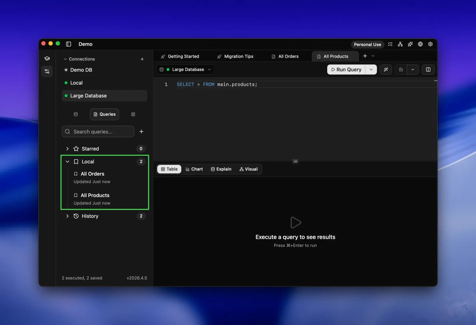 Seaquel sidebar with the Local saved queries section expanded, listing the All Orders and All Products queries next to the open editor.