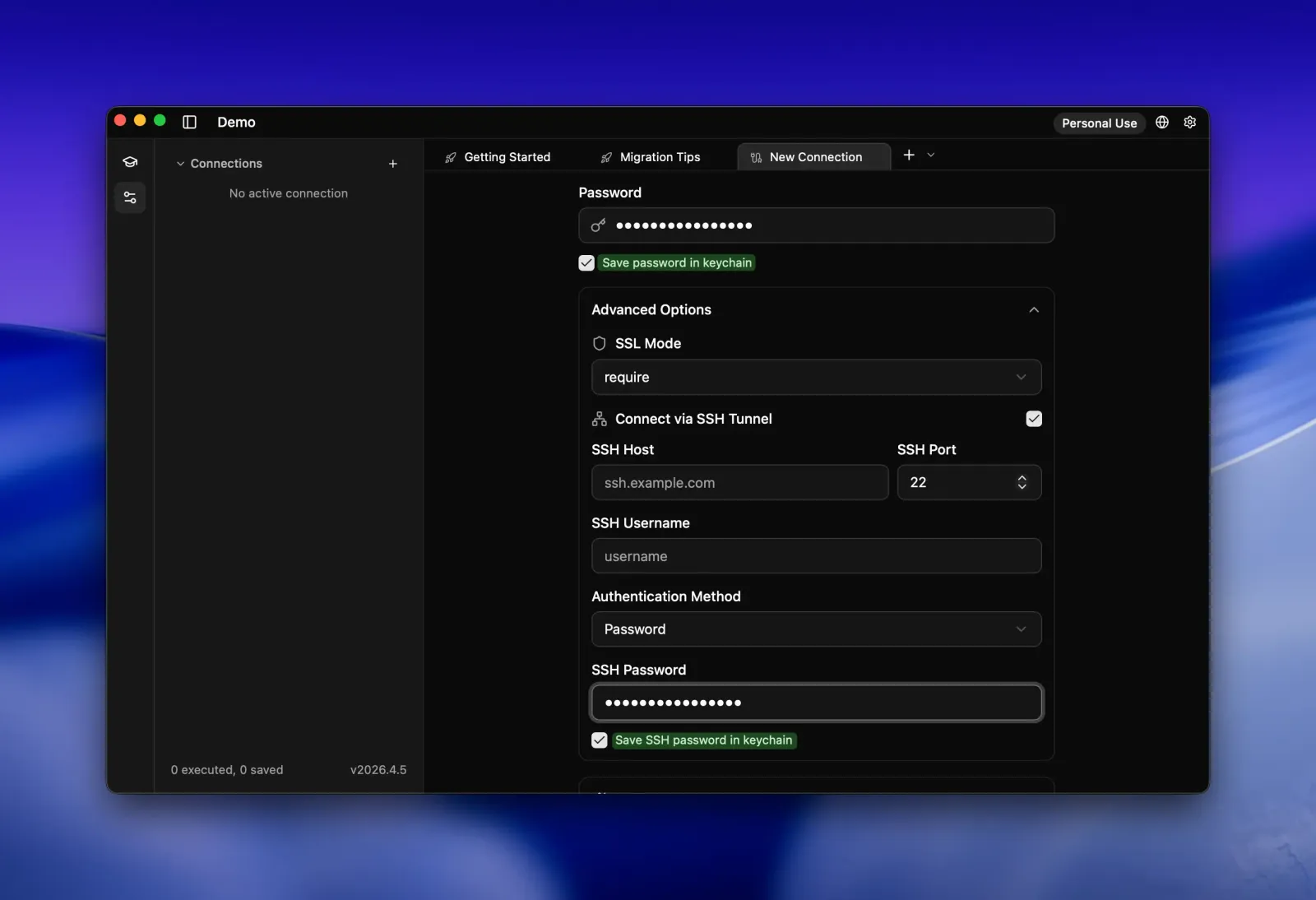 Seaquel connection form with highlighted checkboxes to save both the database password and the SSH tunnel password in the system keychain.