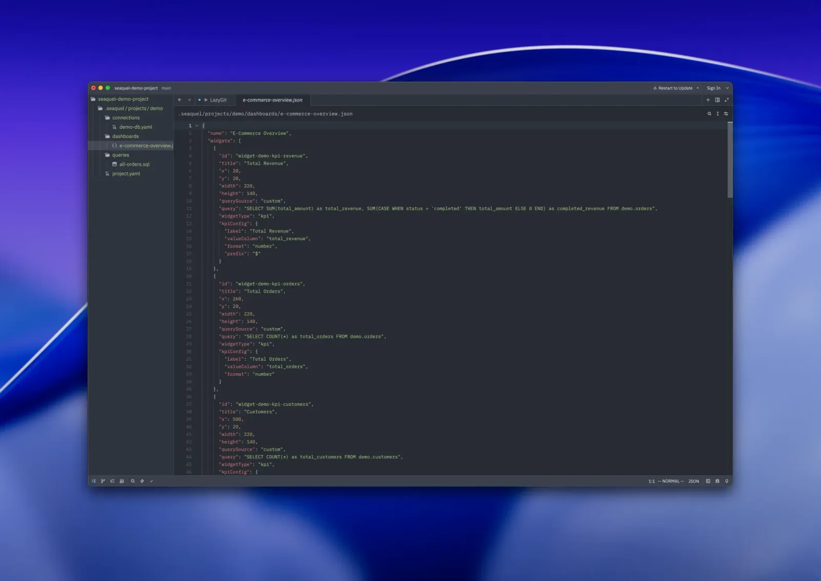 Seaquel dashboard stored as e-commerce-overview.json in a project's .seaquel folder and opened in a code editor, showing widget definitions with their SQL queries.