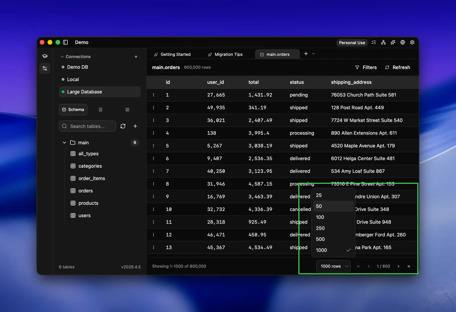 Seaquel table view of main.orders with 800,000 rows, showing the page size dropdown (25 to 1000 rows) and page 1 of 800 pagination controls.