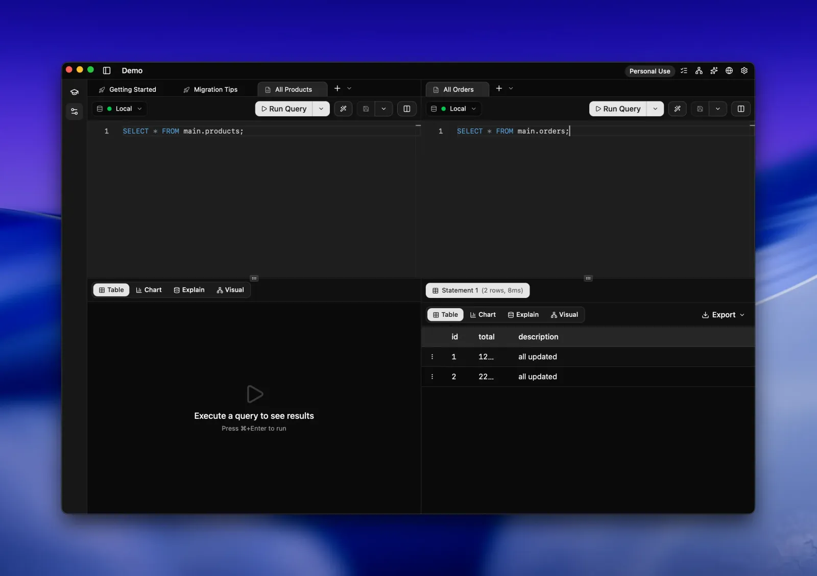 Seaquel editor split into two side-by-side panes, each with its own tabs and query: products on the left, orders with results on the right.