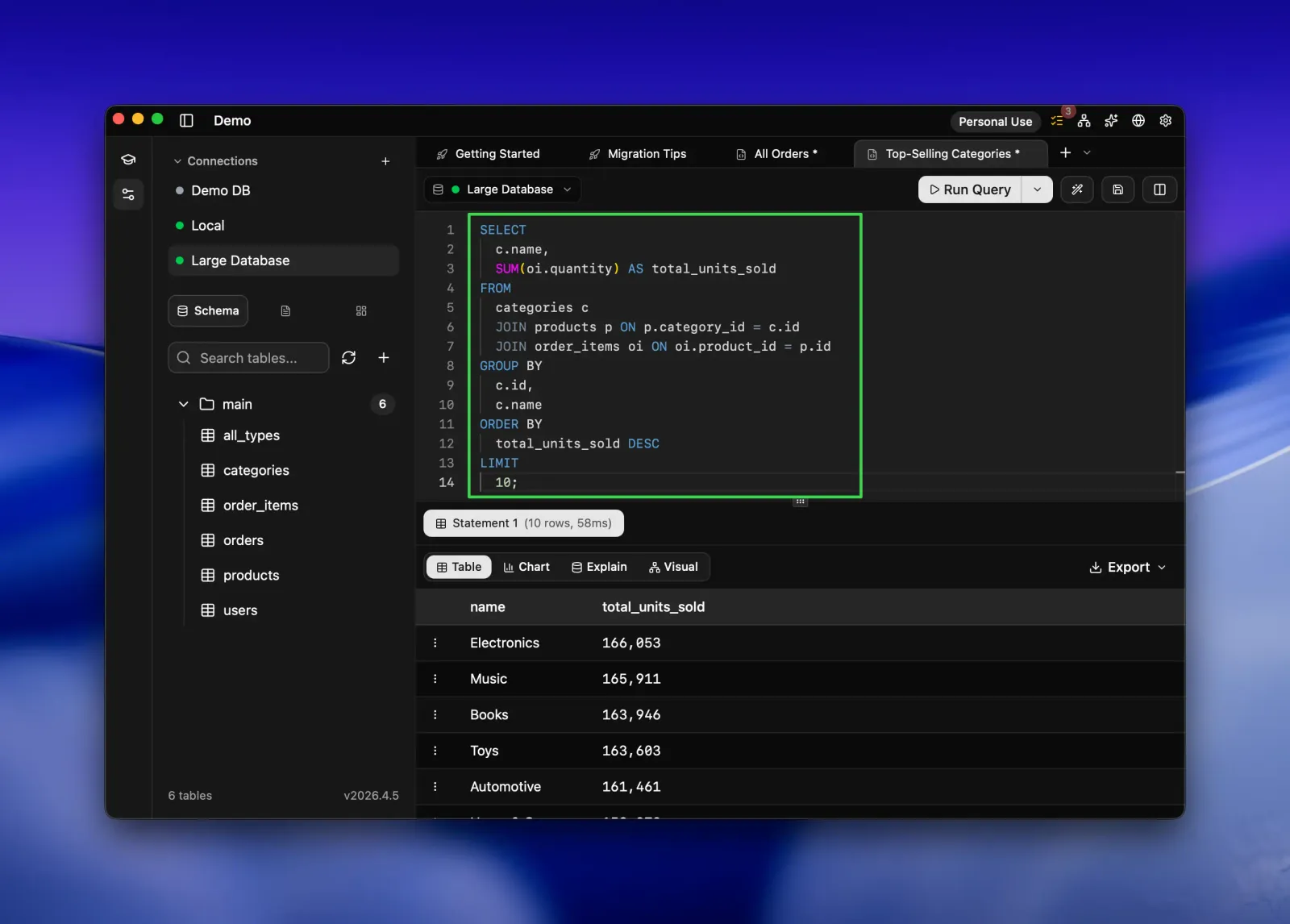 Seaquel editor showing a neatly formatted multi-join GROUP BY query for top-selling categories, with results for Electronics, Music, and Books.