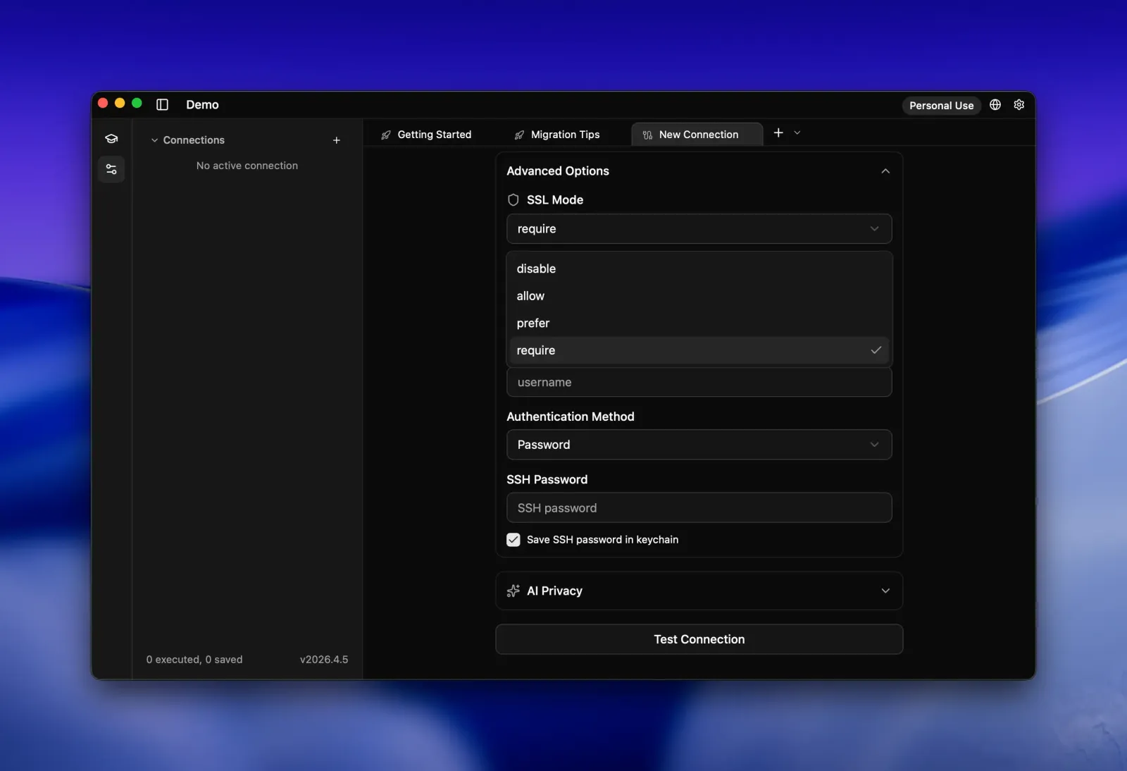 Seaquel connection Advanced Options with the SSL Mode dropdown open, listing disable, allow, prefer and require, with require selected.