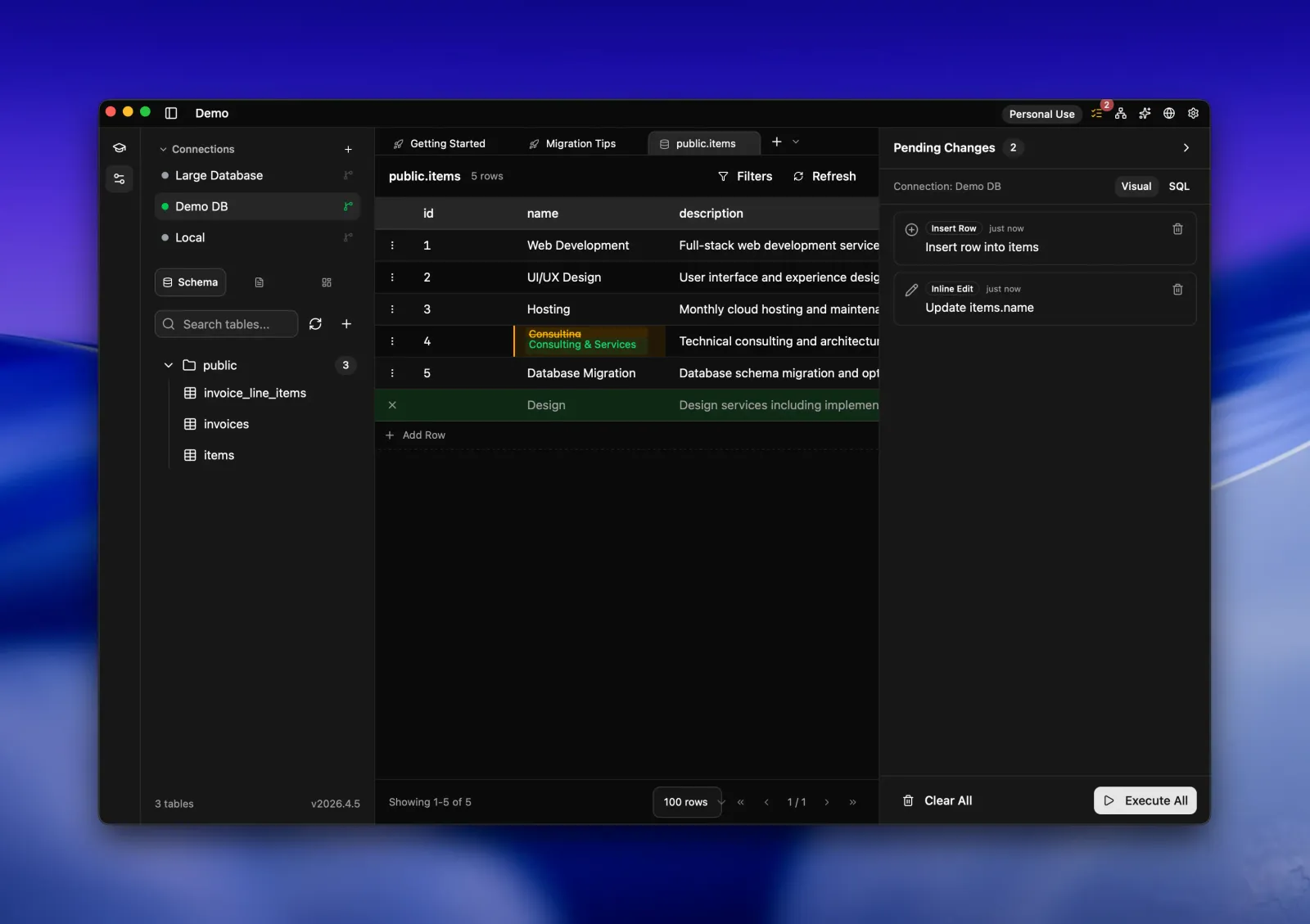 Seaquel Pending Changes panel listing a staged row insert and an inline name edit on public.items, with Clear All and Execute All buttons.