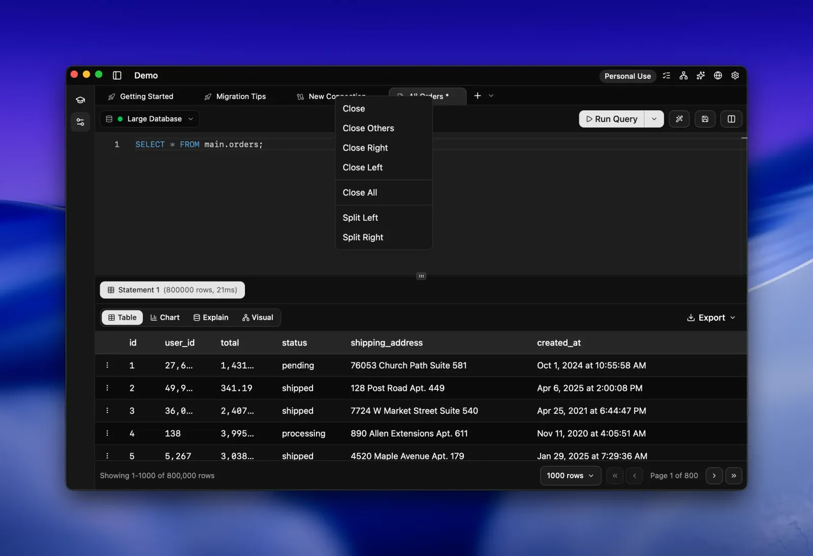 Seaquel tab context menu on an All Orders query tab, offering Close, Close Others, Close Right, Close Left, Close All, Split Left, and Split Right.