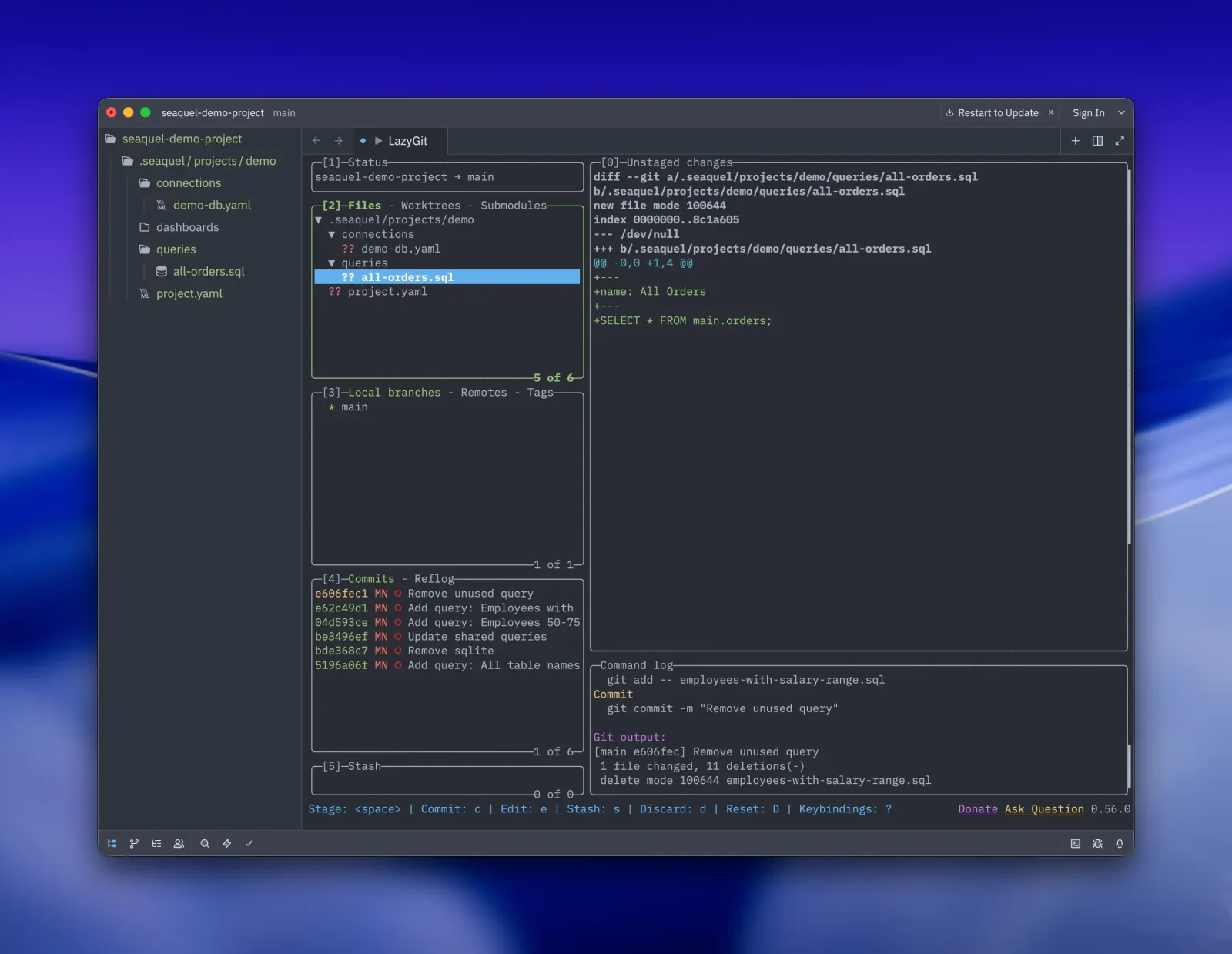 Seaquel project files, including a connection YAML and an all-orders.sql query, shown in LazyGit with an unstaged diff and a history of query commits.