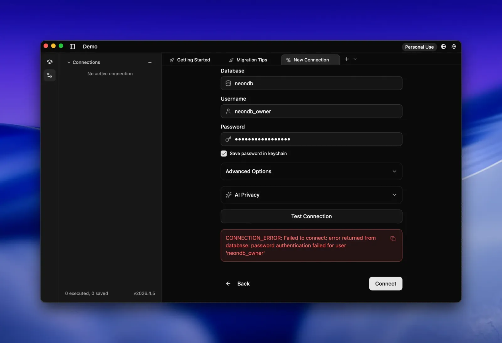 Seaquel connection form for a neondb Postgres database after Test Connection, showing a red error that password authentication failed for user neondb_owner.