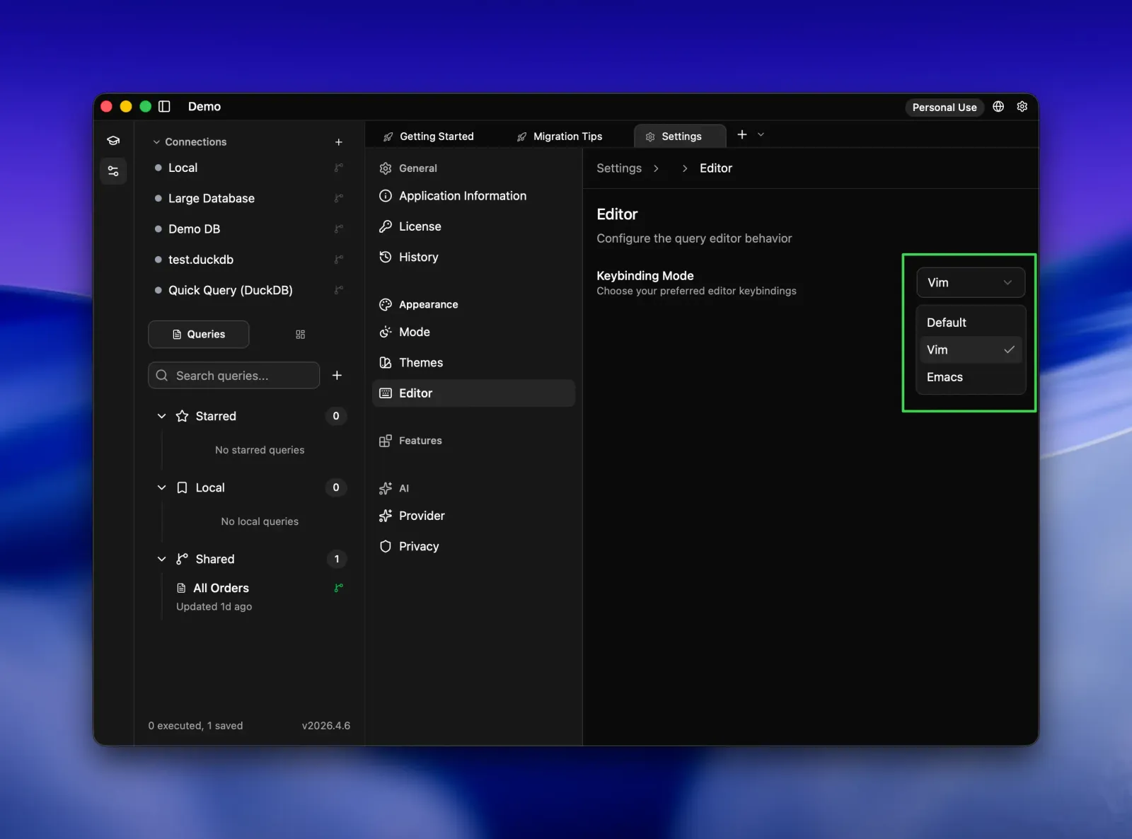 Seaquel Editor settings with the Keybinding Mode dropdown open, offering Default, Vim, and Emacs, with Vim selected.
