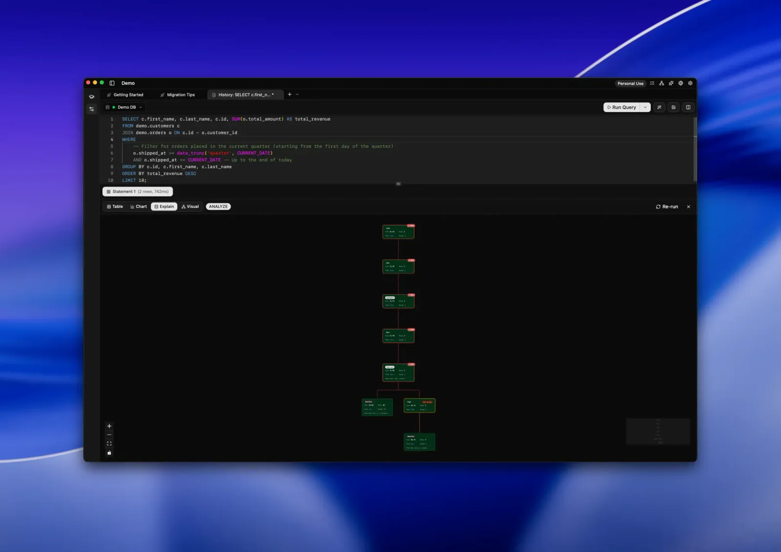 Seaquel Explain tab with ANALYZE enabled, drawing a join-and-aggregate query's execution plan as a tree of connected nodes.