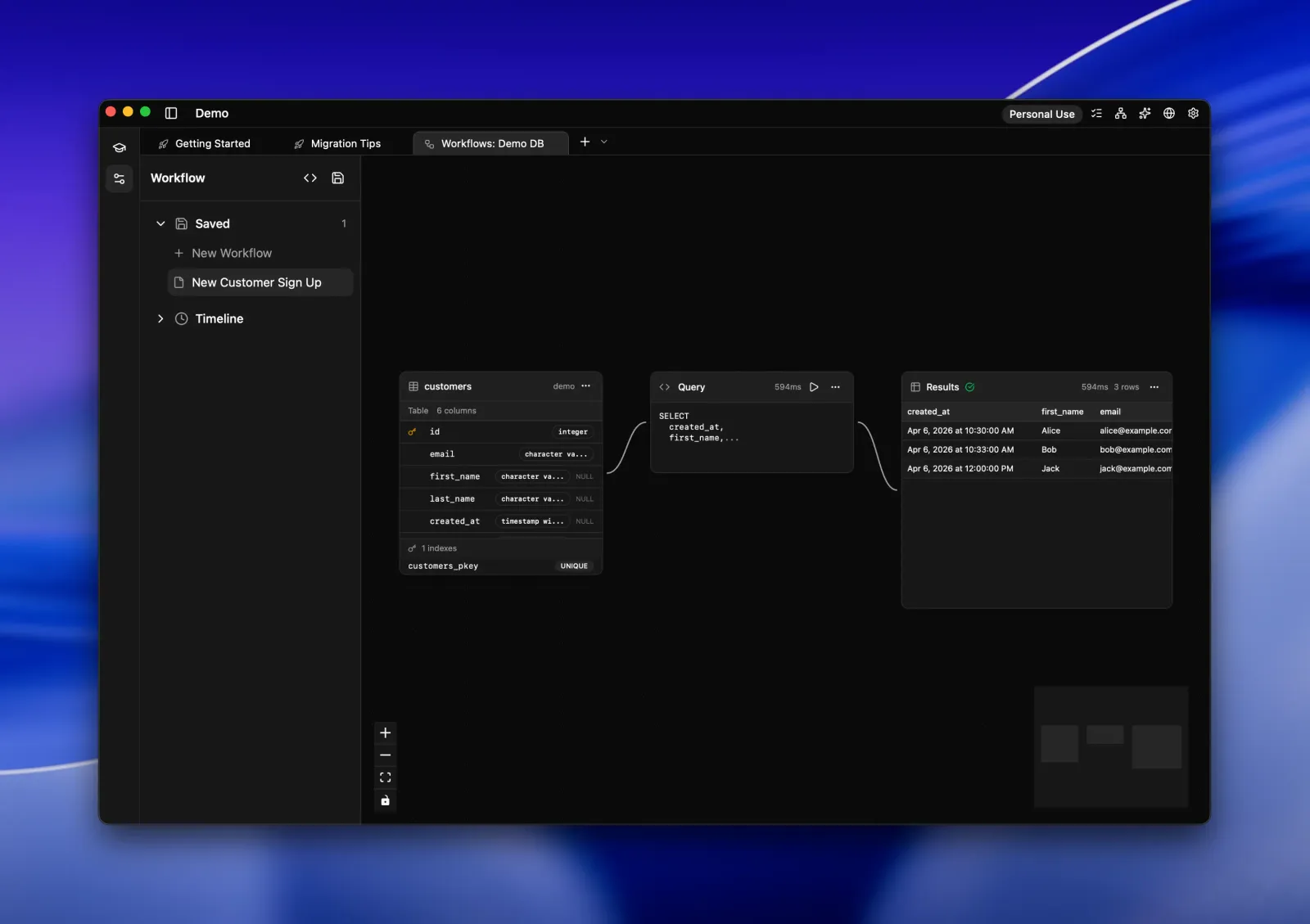 Seaquel Workflows canvas linking a customers table node to a SQL query node and a results node showing three returned rows.